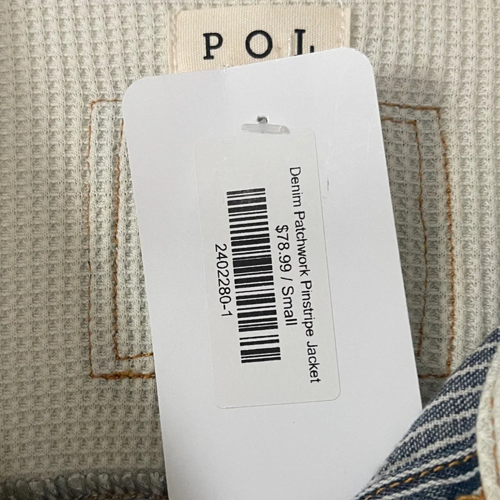 POL Ivory Multi Pinstripe Oversized Distressed Patchwork Jacket small NWT - Picture 4 of 7